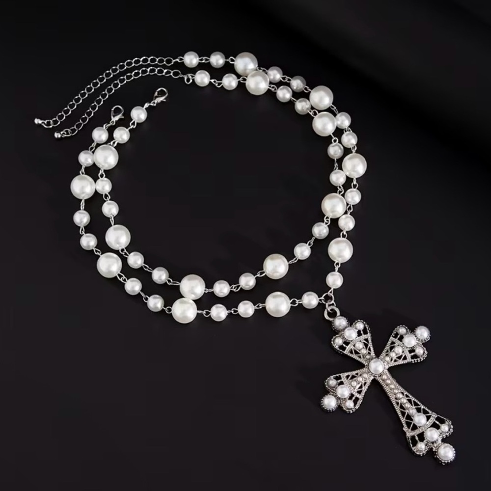 Elegant Pearl and Silver Cross Necklace - Picture 2 of 4